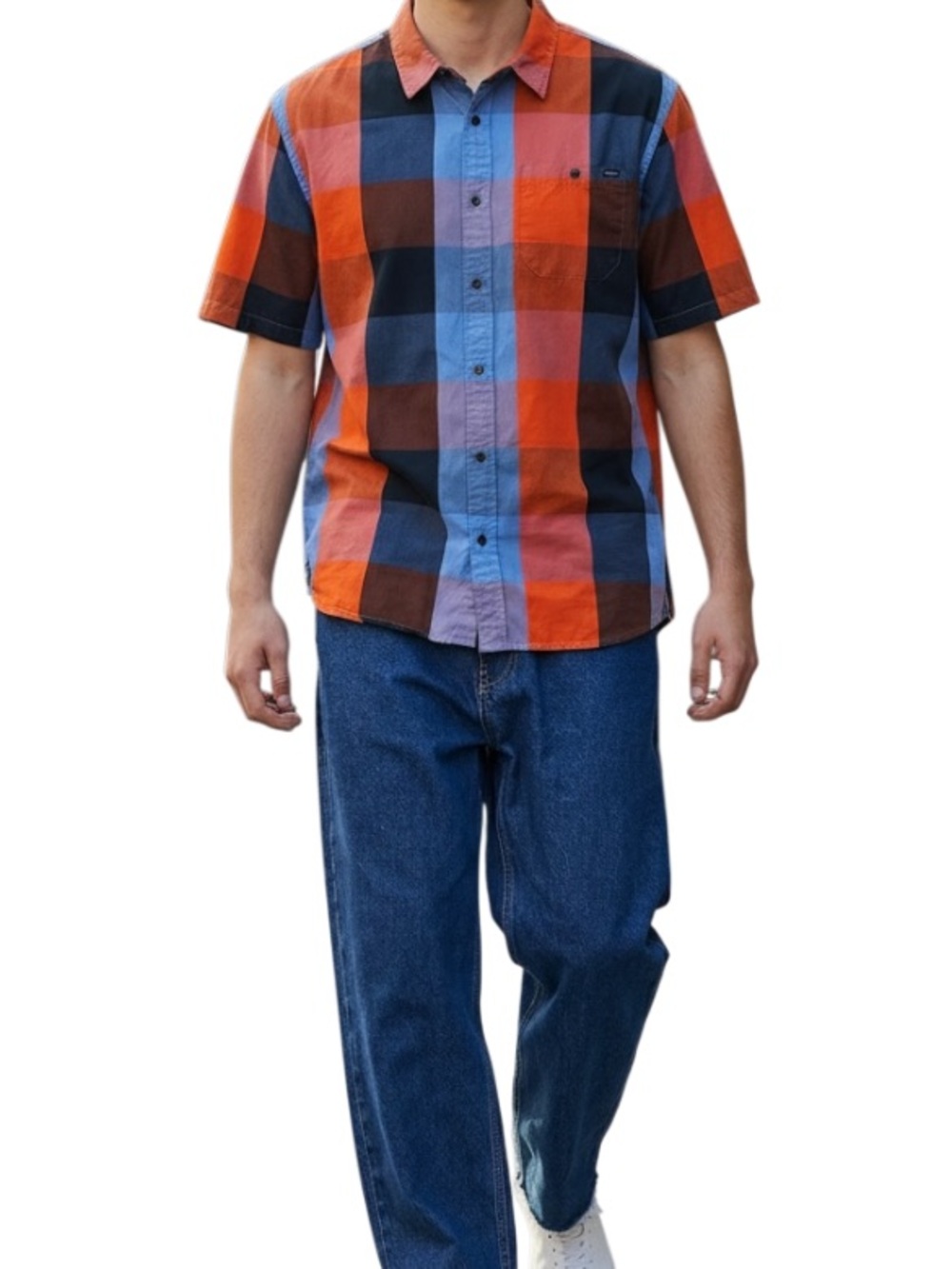 Analog AG Plaid Button Down Shirt L Red Blue Short Sleeve Skate Streetwear